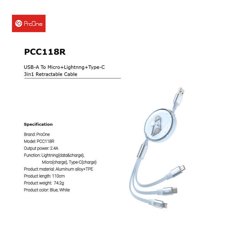 عکس محصول کابل تبدیل USB به USB-C / microUSB / لایتنینگ پرووان مدل PCC118R