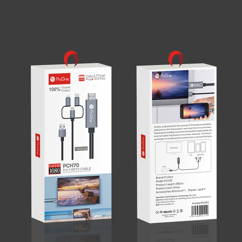 عکس محصول کابل تبدیل HDMI به USB-C / microUSB / لایتنینگ پرووان مدل PCH70 طول 1.8متر