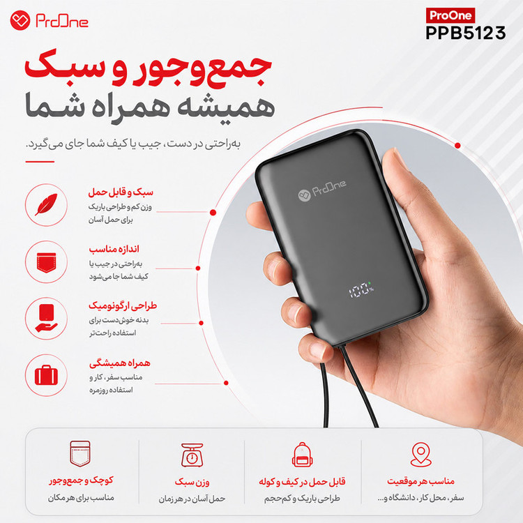 پاوربانک بیسیم 22.5 وات پرووان مدل POWER CORE PPB5123 ظرفیت 10000 میلیآمپرساعت