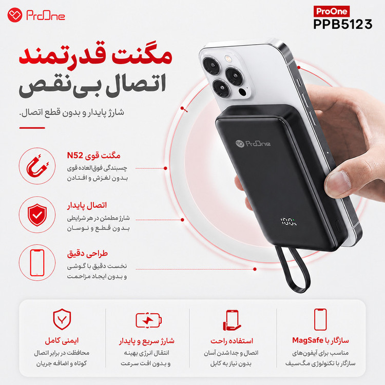 پاوربانک بیسیم 22.5 وات پرووان مدل POWER CORE PPB5123 ظرفیت 10000 میلیآمپرساعت
